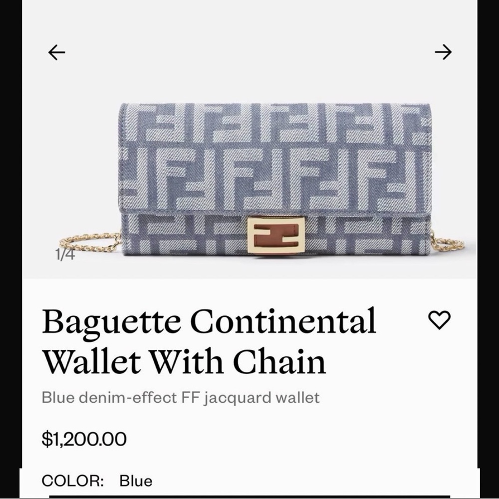 New Authentic Fendi Blue Baguette Continental Wallet with Chain